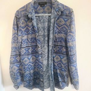 UO Button Up Blue and Brown Aztec Long Sleeve